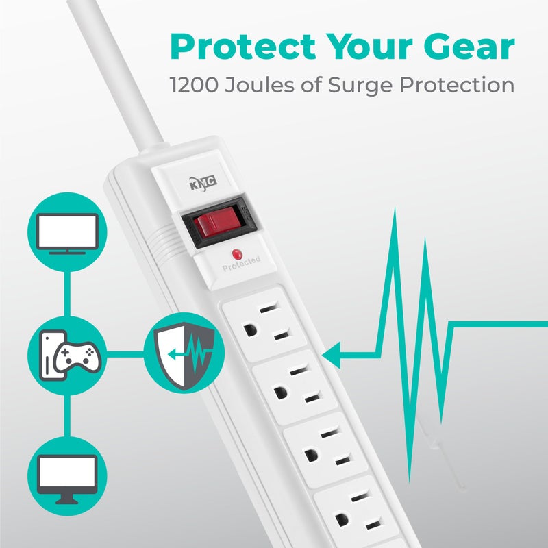 KMC 6-Outlet Surge Protector Power Strip, 2-Pack, 1200 Joules, 6ft Cord, Adapter Spaced Outlet, Overload Protection, White - Image 5